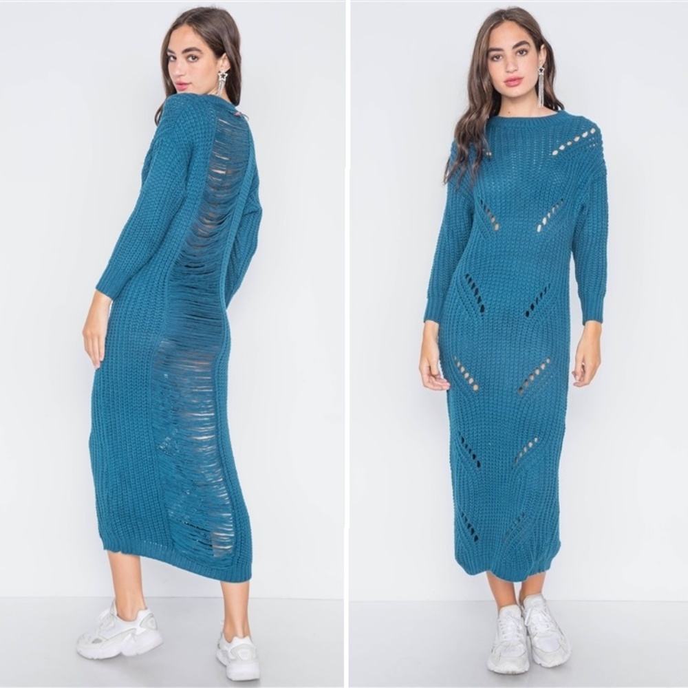 Chunky Distressed Midi Sweater Dress | Teal